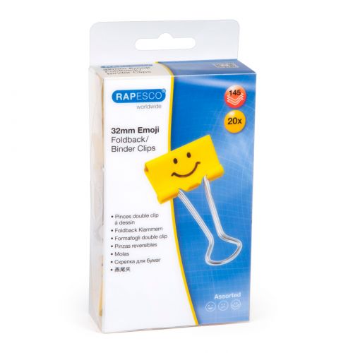 30094RA - Rapesco Foldback Clip 32mm Assorted Emojis Yellow (Pack 20) - 1354