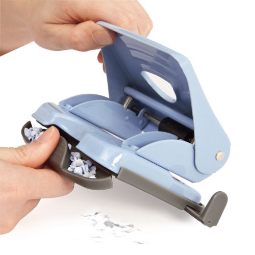 Rapesco 825 Metal Punch offers tough metal working parts, precision pressed handles, hardened cutter, handle lock-down and metal base fitted with a rubberised flip down confetti tray as standard. Personalisation window allows for easy identification. 2-hole perforator with 25 sheet capacity, enough for most applications. Colour: Powder Blue. 15 year guarantee.