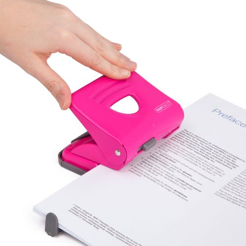 Rapesco 825 Metal Punch offers tough metal working parts, precision pressed handles, hardened cutter, handle lock-down and metal base fitted with a rubberised flip down confetti tray as standard. Personalisation window allows for easy identification. 2-hole perforator with 25 sheet capacity, enough for most applications. Colour: Hot Pink. 15 year guarantee.