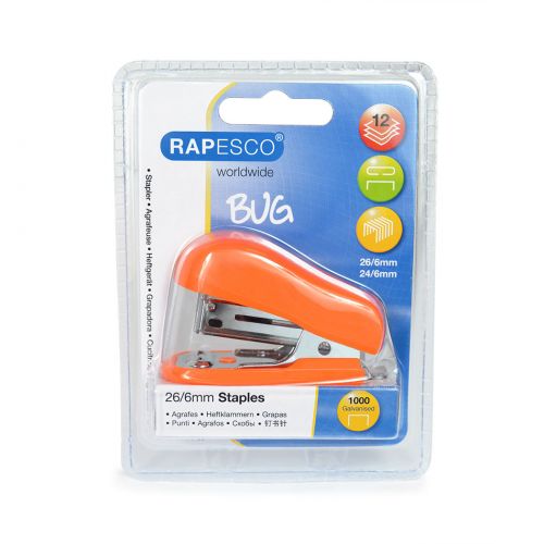 Rapesco Bug Mini Stapler Plastic 12 Sheet Orange - 1410 30108RA Buy online at Office 5Star or contact us Tel 01594 810081 for assistance