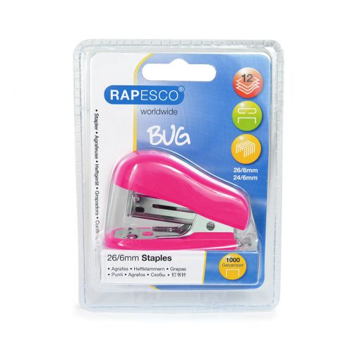 30122RA - Rapesco Bug Mini Stapler Plastic 12 Sheet Hot Pink - 1412