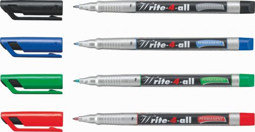 The STABILO Write-4-all fine permanent marker will write on almost any surface, including glass, metal, plastic, wood, photos, foil, ceramics, card, CDs and DVDs. The  fine tip writes a line width of 0.7mm and the permanent ink is heat proof, frost proof, water proof and lightfast.  This pack contains 4 Fine pens in Black, Blue, Red and Green