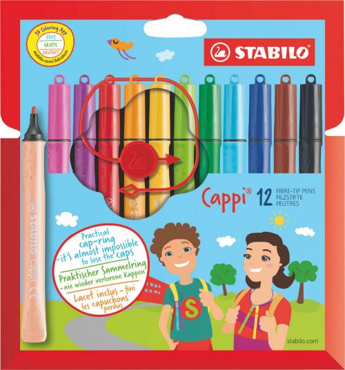 STABILO Cappi Felt Tip Pen with Cap Ring Assorted Colours (Wallet 12)