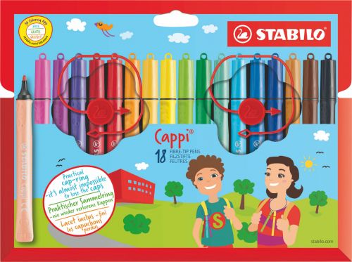 STABILO Cappi Felt Tip Pen with Cap Ring Assorted Colours (Wallet 18)