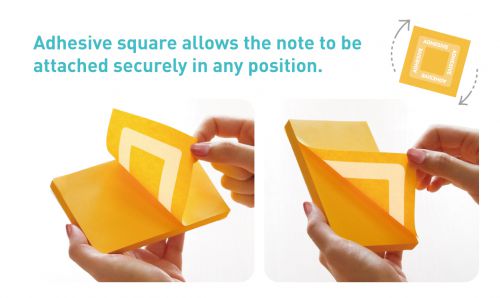 Repositionable self-adhesive notes with shaped adhesive to position the note in any direction and remove easily. Lies flat to hold stronger and longer to more surfaces.
