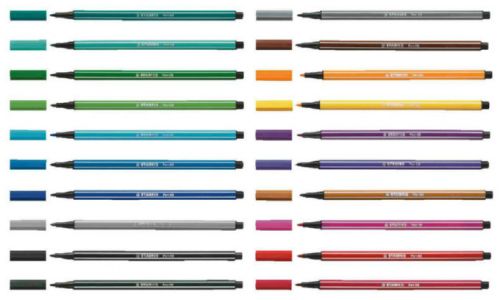 A colour intensive premium fibre tip pen for drawing strong lines and colouring large areas. High brilliance and luminosity. Robust medium 1mm bullet tip. 24 hour cap off time. Ventilated cap. A clever display case of 20 Assorted Colours