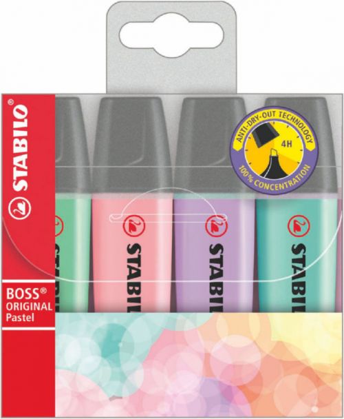 STABILO BOSS ORIGINAL Pastle Highlighter Chisel Tip 2-5mm Line Assorted Colours (Wallet 4)