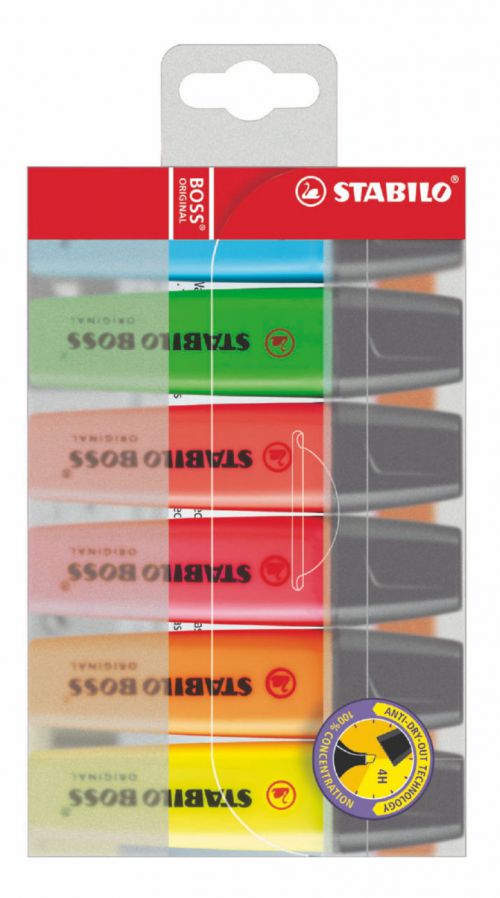 STABILO BOSS ORIGINAL Highlighter Chisel Tip 2-5mm Line Assorted Colours (Wallet 6)