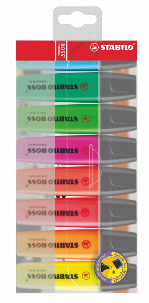 STABILO BOSS ORIGINAL Highlighter Chisel Tip 2-5mm Line Assorted Colours (Wallet 8)