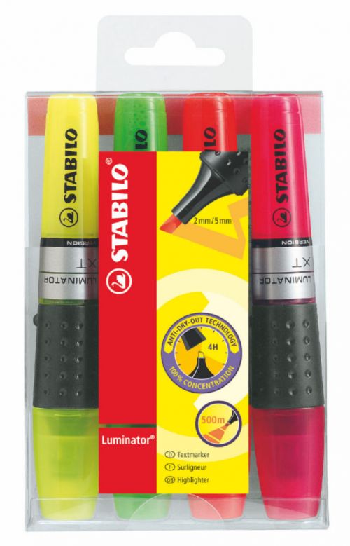 STABILO LUMINATOR Highlighter Chisel Tip 2-5mm Line Assorted Colours (Wallet 4)