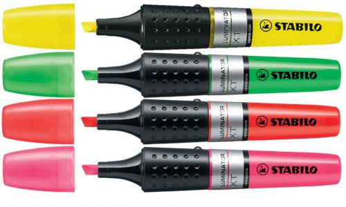 10206ST | A Long lasting liquid ink highlighter in super bright colours. Line width: 2.0 - 5.0mm. The Large, visible ink tank allows you to monitor remaining levels. STABILO Anti-dry out ink technology : 4 hour cap off time. Writes even on vertical surfaces and won't leak under pressure. This pack contains Yellow, Green, Orange and Pink