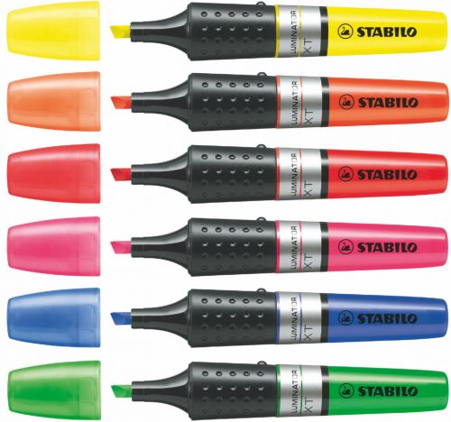 10360ST | A Long lasting liquid ink highlighter in super bright colours. Line width: 2.0 - 5.0mm. The Large, visible ink tank allows you to monitor remaining levels. STABILO Anti-dry out ink technology : 4 hour cap off time. Writes even on vertical surfaces and won't leak under pressure. This pack contains Yellow, Green, Red, Blue, Orange and Pink