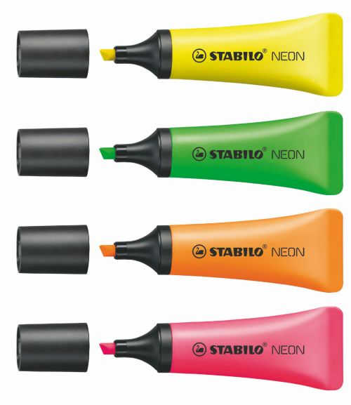 These innovatively designed STABILO NEON highlighters feature a unique soft tube design for comfortable use. The bright neon ink has the same anti-dry out ink formula as other STABILO highlighters and the colours won't fade on the page. The chisel tip produces a 2.0 - 5.0mm line for neat underlining and bold highlighting. This pack contains Yellow, Orange, Green and Pink.