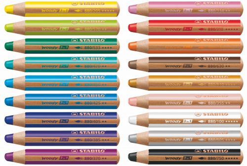 STABILO woody 3 in 1 Colouring Pencil Paint Brush and Sharpener Set Assorted Colours (Pack 18) - 880/18-3