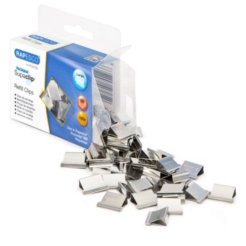 For use with the Rapesco Supaclip 60 Dispenser, these refill clips provide an easy way to fasten documents and are removable and reusable. These clips can fasten up to 10-60 sheets of 80gsm paper. This pack contains 100 stainless steel refill clips.