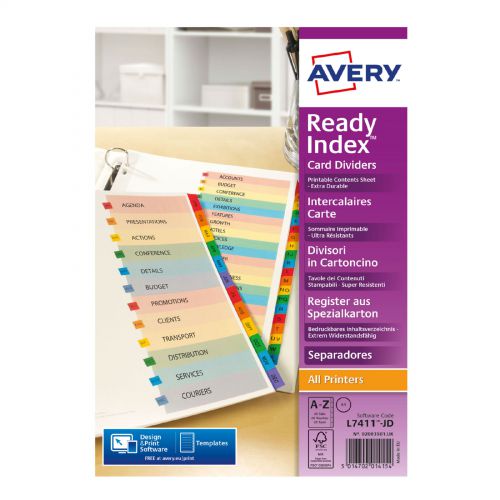 Avery Readyindex Divider A-Z A4 Punched 190gsm Card White with Coloured Mylar Tabs L7411-AZ