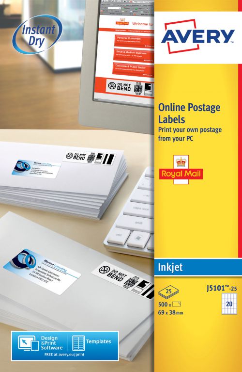 Avery Online Postage Labels 69x38mm J5101-25 (500 Labels)