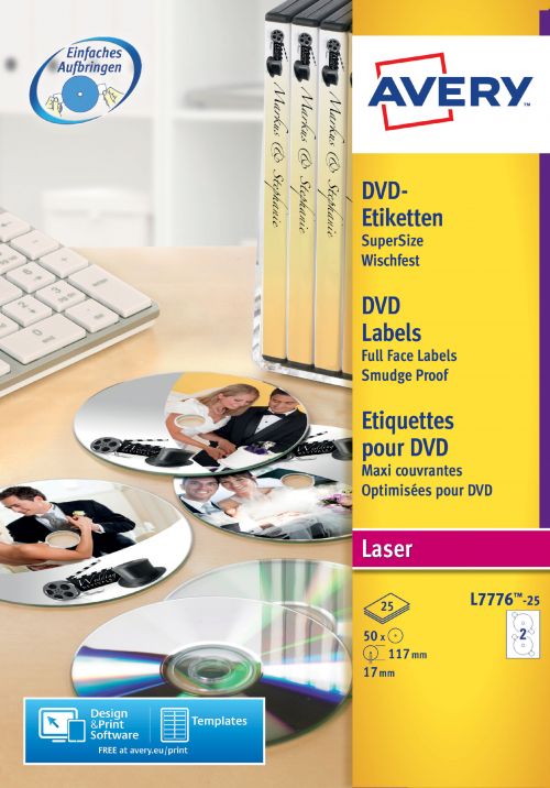 Avery Full Face CD/DVD Laser 117mm DIA L7776-25 (50 Labels)