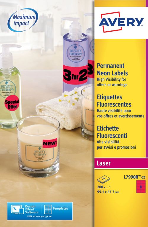 Avery L7990R-25 Neon Red Printable Warning Labels Pack 200