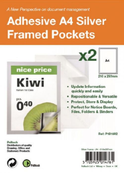 S/Adhesive A4 Silver Display Frames w/ Magnetic Closure Pk2