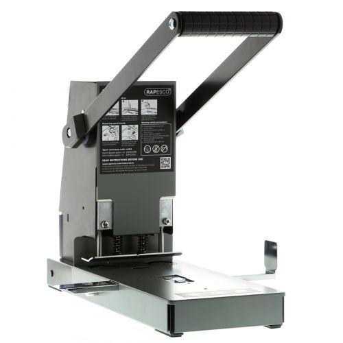 This Rapesco heavy duty hole punch has an extra high punching capacity of up to 300 sheets of 80gsm paper. The extended handle provides leverage for minimal user effort. The adjustable locking gauge is marked with paper sizes for accurate use and the paper compressor produces clean, precise perforations each time.