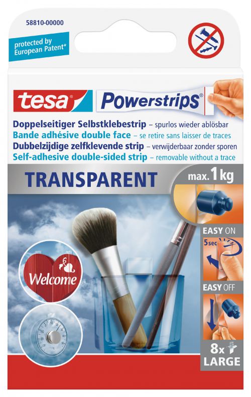 Tesa Powerstrips Large Transparent Strips (Pack 8) 58810