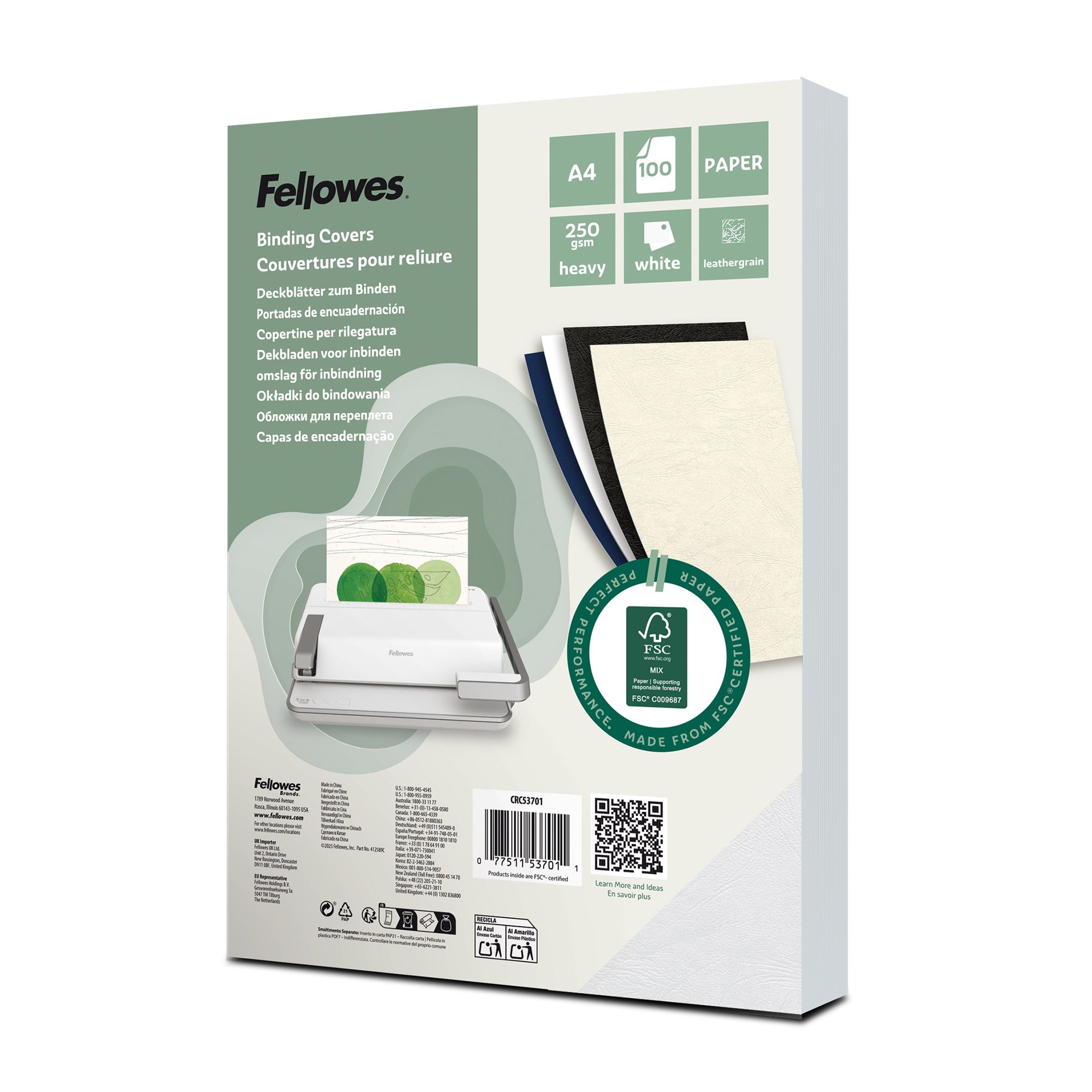 Fellowes Certified Leathergrain Covers - White A4 Pk100