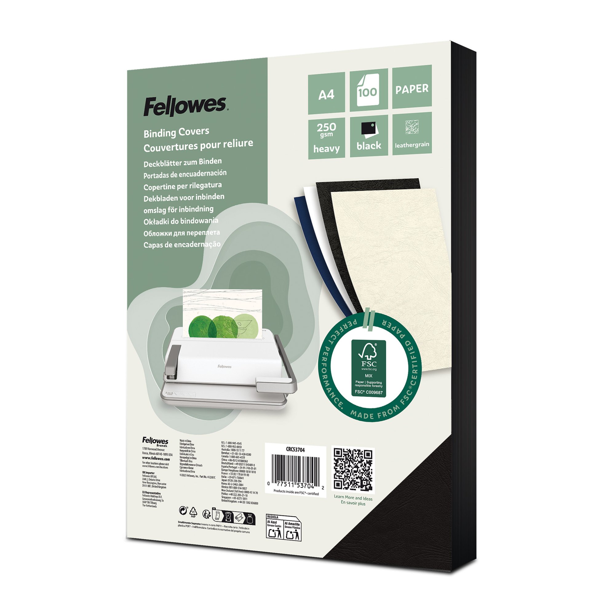 Fellowes Certified Leathergrain Covers - Black A4 Pk100