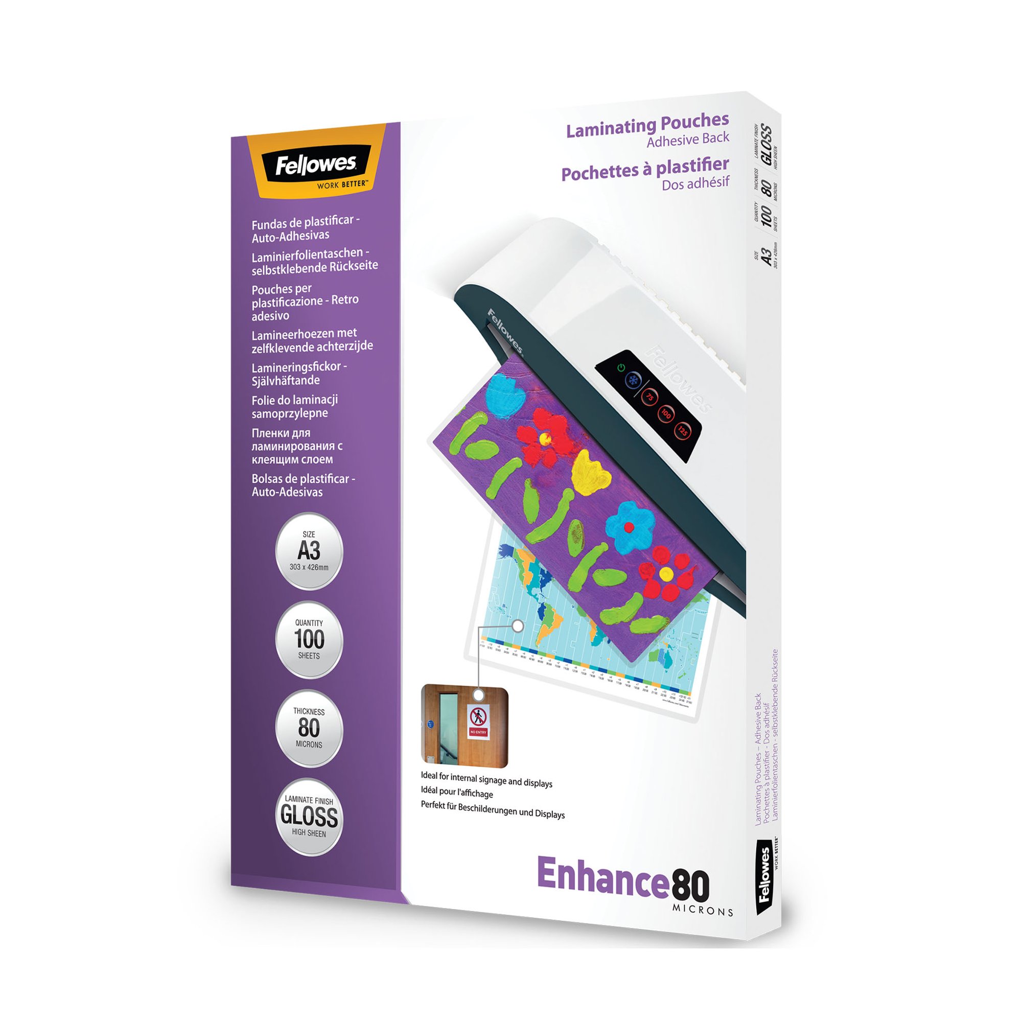 Fellowes A3 Adhesive Back 80 Micron Laminating Pouch Bx100
