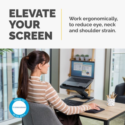BB79605 | The Fellowes Hana Laptop Riser is suitable for use to elevate your laptop to a comfortable viewing position to reduce eye, neck and shoulder strain. The riser has a large height range withh finger touch adjustment. Keep tangle free with built-in cable management.