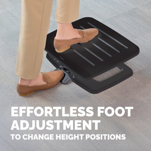 The Fellowes Hana Footrest supports your feet and encourages motion to improve circulation and back comfort. Promotes motion with the active movement feature, which allows for flexible platform movements. Light or heavy tension setting to adjust the ease of movement. There a two height settings for sitting and standing. Change height positions with effortless foot adjustment.