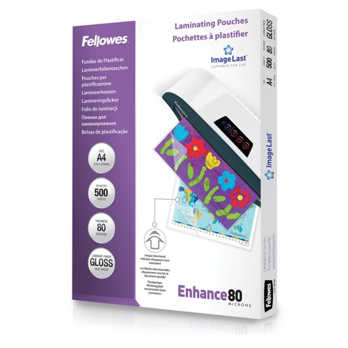 Fellowes A4 Laminating Pouches Gloss Finish 500 Sheets 80 Micron High Quality Finish