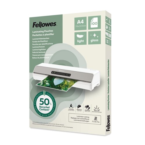 Fellowes Recycled Laminating Pouch A4 2x80 Micron Gloss (Pack 100) - 100142987