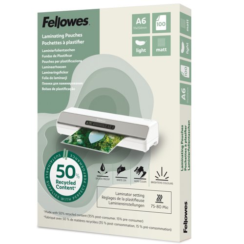 Fellowes Recycled Laminating Pouch A6 2x80 Micron Matt (Pack 100) - 100143438