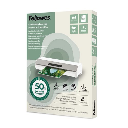 Fellowes Recycled Laminating Pouch A6 2x80 Micron Gloss (Pack 100) - 100143441