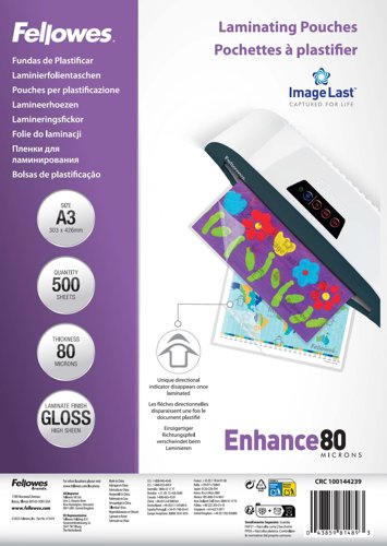 Fellowes A3 Laminating Pouches Gloss Finish 500 Sheets 80 Micron High Quality Finish