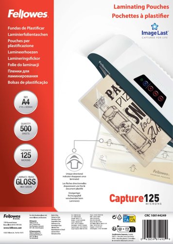 Fellowes A4 Laminating Pouches Gloss Finish 500 Sheets 125 Micron High Quality Finish