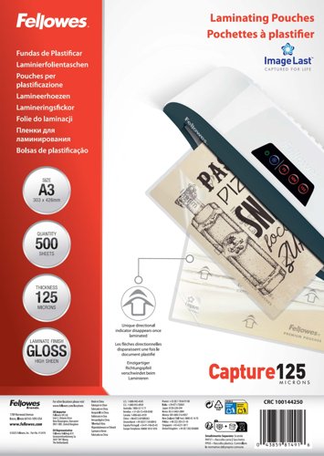 Fellowes A3 Laminating Pouches Gloss Finish 500 Sheets 125 Micron High Quality Finish