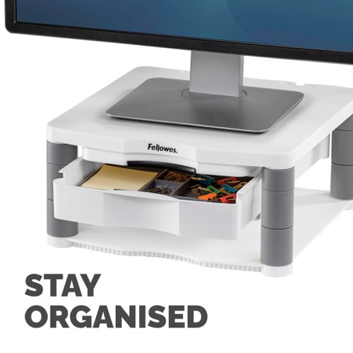 BB91713 | Made from 100% recycled plastic, this Fellowes Premium Monitor Riser Plus features 5 height adjustments from 64mm to 165mm with simple to use stacking columns for maximum viewing comfort. The riser also features a handy storage drawer and a built-in copyholder. This riser has a maximum weight capacity of 36kg for CRT or TFT/LCD monitors up to 21 inches and comes in white.