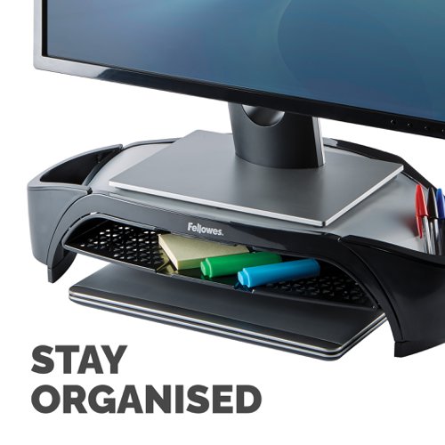 This Fellowes Smart Suites Monitor Riser Plus features 3 height adjustments from 100 - 130mm, as well as a space-saving triangular design. The riser also features a handy letter tray and 2 accessory compartments for storage. Suitable for use with TFT/LCD monitors, this riser has a maximum weight capacity of 10kg. This pack contains 1 monitor rise in Black/Silver.