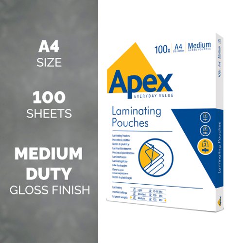 Fellowes Apex A4 Medium Laminating Pouches Clear (Pack of 100) 6003501