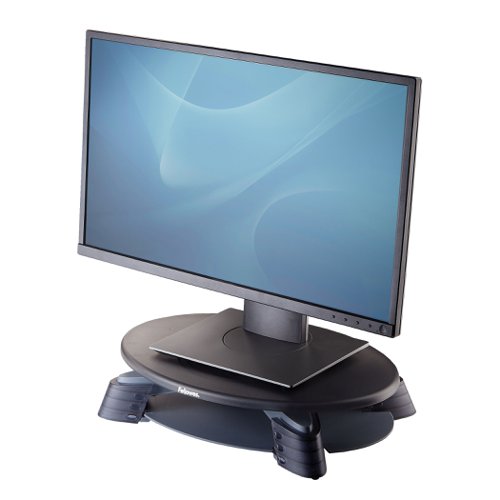 34633FE | Leaning forward and tilting your head up or down to see your computer screen can place strain on your neck and back. The Fellowes Compact TFC/LCD Monitor Riser raises your monitor to eye-level and positions the screen at a more ergonomically correct and comfortable viewing height to suit you, reducing the strain placed on your shoulders neck and eyes. This innovative monitor riser has unique height adjustability with 3 fixed height positions and has a modern design that complements flat screen TFT/LCD monitor styles from 76mm to 114mm. The platform rotates 45