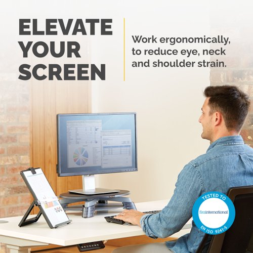 This Fellowes Rotating Monitor Riser has a unique height adjustability from 75mm to 110mm, helping to promote comfortable working conditions and prevent aches and strains associated with extended computer use. The platform rotates 45 degrees to assist shared viewing and to encourage collaboration with colleagues. Suitable for use with LCD/TFT monitors, this riser has a maximum weight capacity of 14kg and includes a storage tray for paper supplies. This pack contains 1 monitor riser in Graphite.