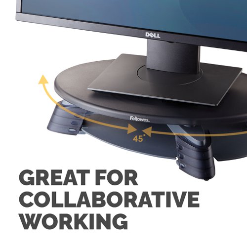 This Fellowes Rotating Monitor Riser has a unique height adjustability from 75mm to 110mm, helping to promote comfortable working conditions and prevent aches and strains associated with extended computer use. The platform rotates 45 degrees to assist shared viewing and to encourage collaboration with colleagues. Suitable for use with LCD/TFT monitors, this riser has a maximum weight capacity of 14kg and includes a storage tray for paper supplies. This pack contains 1 monitor riser in Graphite.