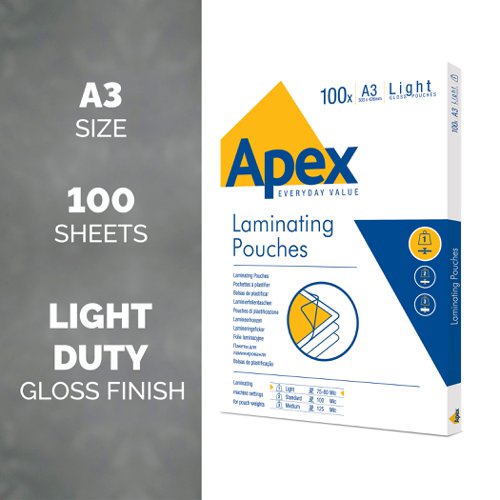 Fellowes Apex A3 Light Laminating Pouches Clear (Pack of 100) 6001901 Laminating Pouches BB58484
