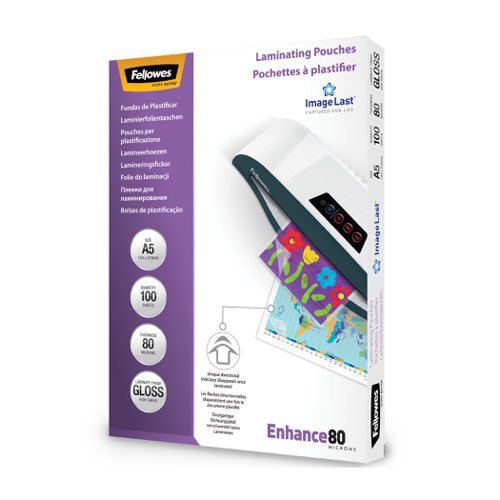 Fellowes Glossy Laminating Pouches 80 microns A5 Box 100 Laminating Pouches LM9007