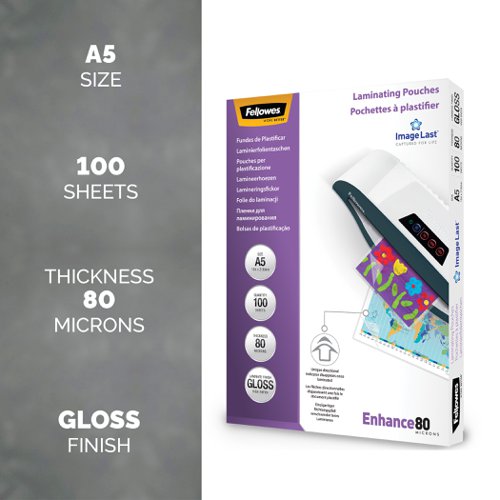 Fellowes ImageLast A5 Laminating Pouch 80 Micron Clear Gloss (Pack of 100) 5306002 - BB30609