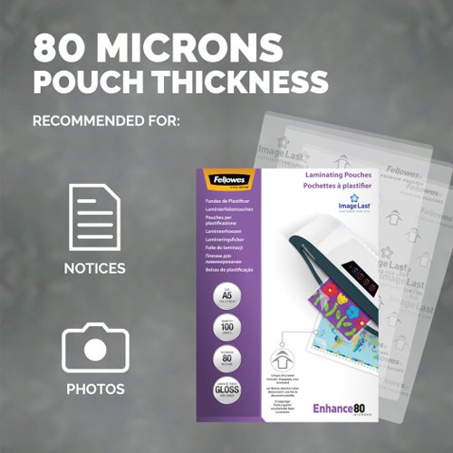 Fellowes ImageLast A5 Laminating Pouch 80 Micron Clear Gloss (Pack of 100) 5306002 BB30609 Buy online at Office 5Star or contact us Tel 01594 810081 for assistance