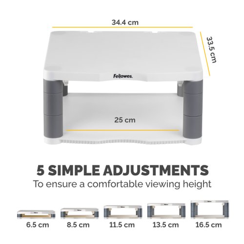 Fellowes Premium Monitor Riser for 21in Capacity 36kg 5 Heights 64-165mm Platinum Ref 91717