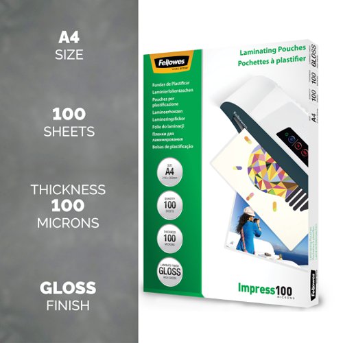 Fellowes Laminating Pouch A4 2x100 Micron Gloss (Pack 100) 5351111 35977FE Buy online at Office 5Star or contact us Tel 01594 810081 for assistance